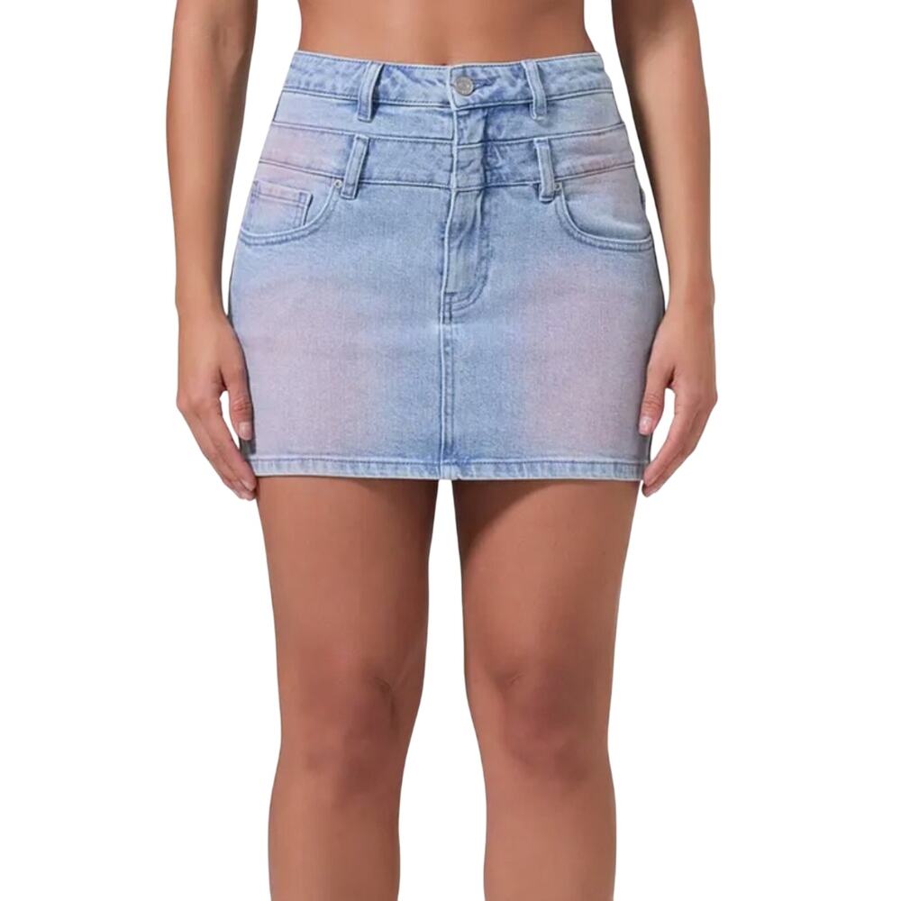 AFRM Adriel Double High Waist Denim Mini Boho Skirt Size 26/2